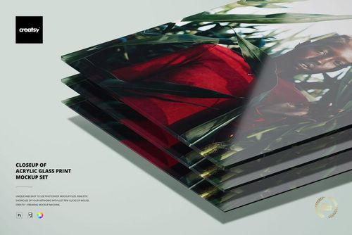 Stacked acrylic glass print mockups showing varying thicknesses and a colorful portrait image, front angled perspective.