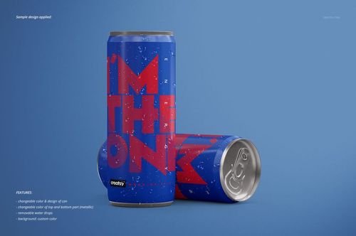 PSD mockup of energy drink cans featuring a bold blue and red pattern, metallic tops, and visible water drops.