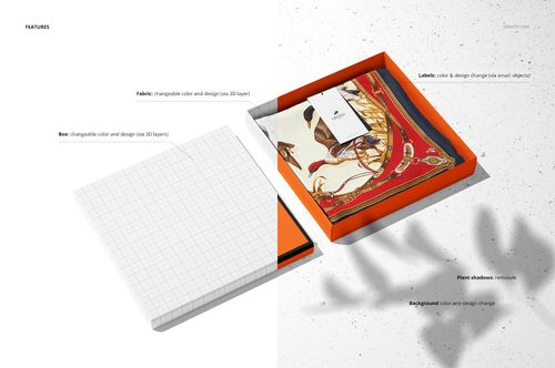 Open silk scarf box mockup with orange edges, patterned scarf inside, grid lid beside, viewed from above.