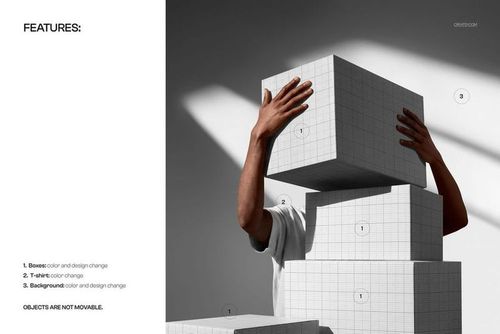 PSD mockup showing a person grasping large packaging boxes with a white grid pattern, illuminated by natural light.
