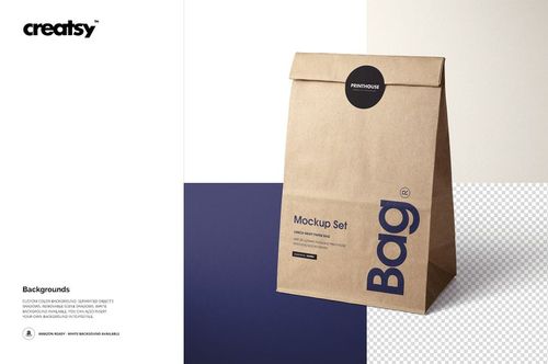 Front view of a kraft paper lunch bag mockup with a folded top, standing on a two-tone background with blue and white sections.