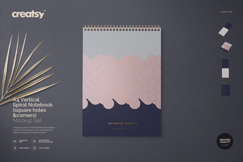 Front view of an A4 spiral notebook mockup with abstract pink pattern, gold spiral, and color swatches beside it.