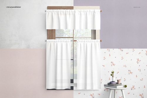 Front view of white valance and cafe curtains mockup set on a window, surrounded by four different wall backgrounds.