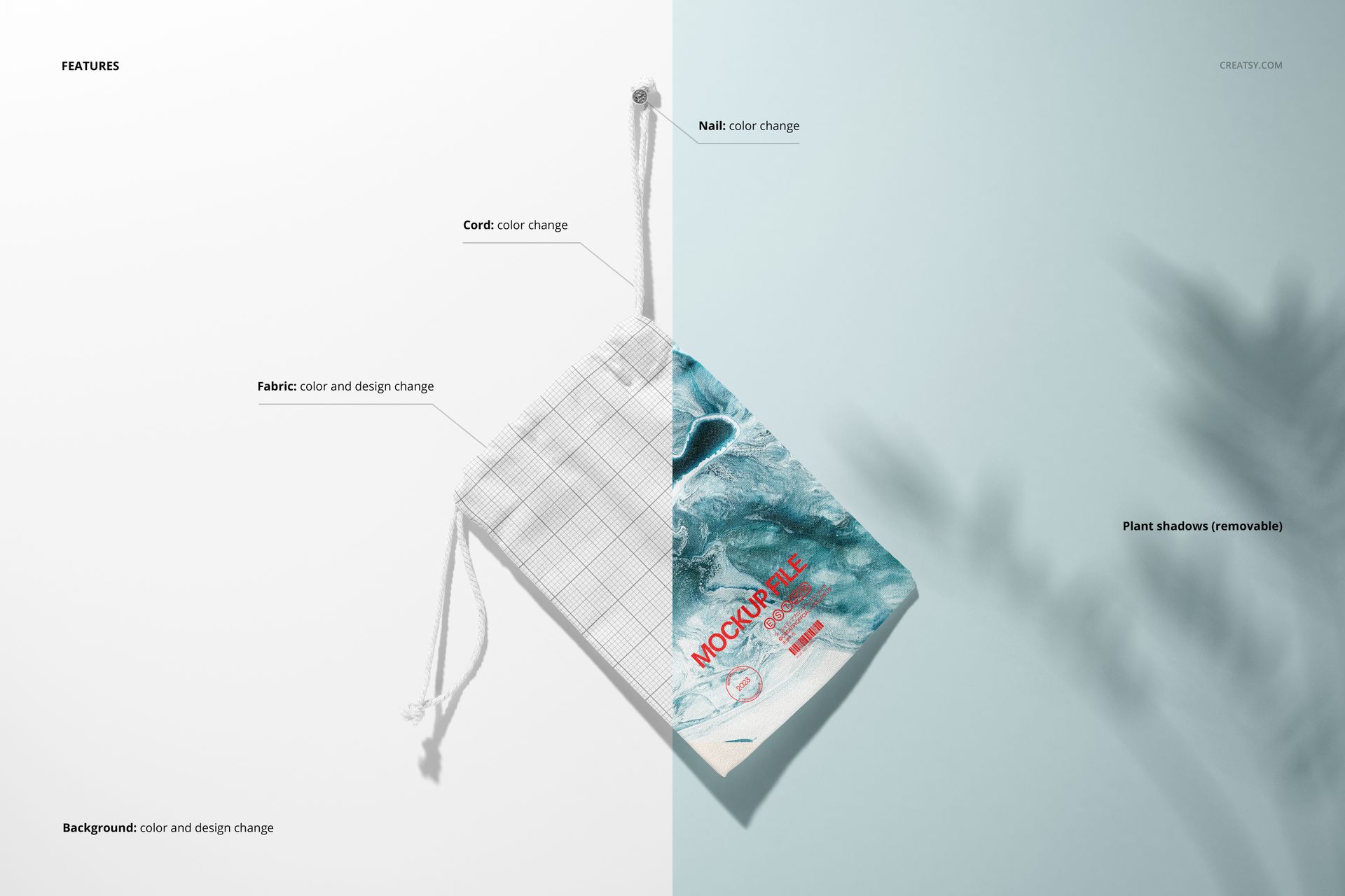 Hanging drawstring pouch mockup with white cord, grid pattern on left, blue abstract design on right, front view.