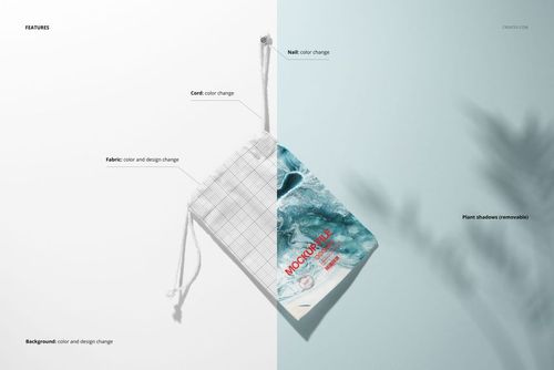 Hanging drawstring pouch mockup with white cord, grid pattern on left, blue abstract design on right, front view.