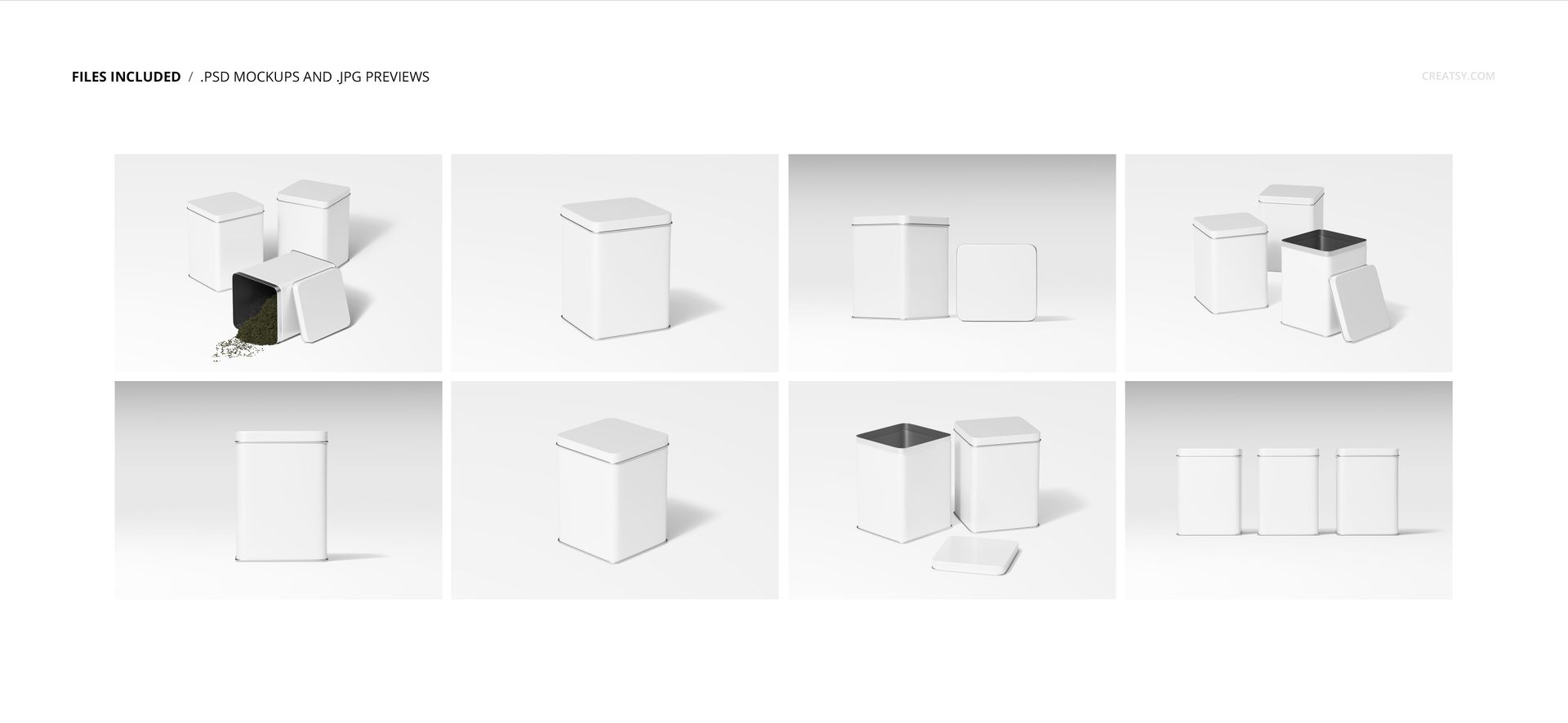 Tin canister PSD mockup set with square and rectangular containers, front and top views, minimal white backdrop.