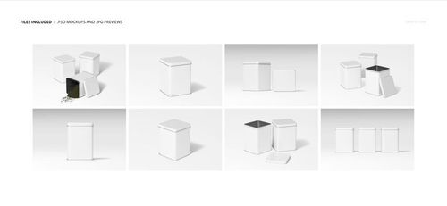 Tin canister PSD mockup set with square and rectangular containers, front and top views, minimal white backdrop.