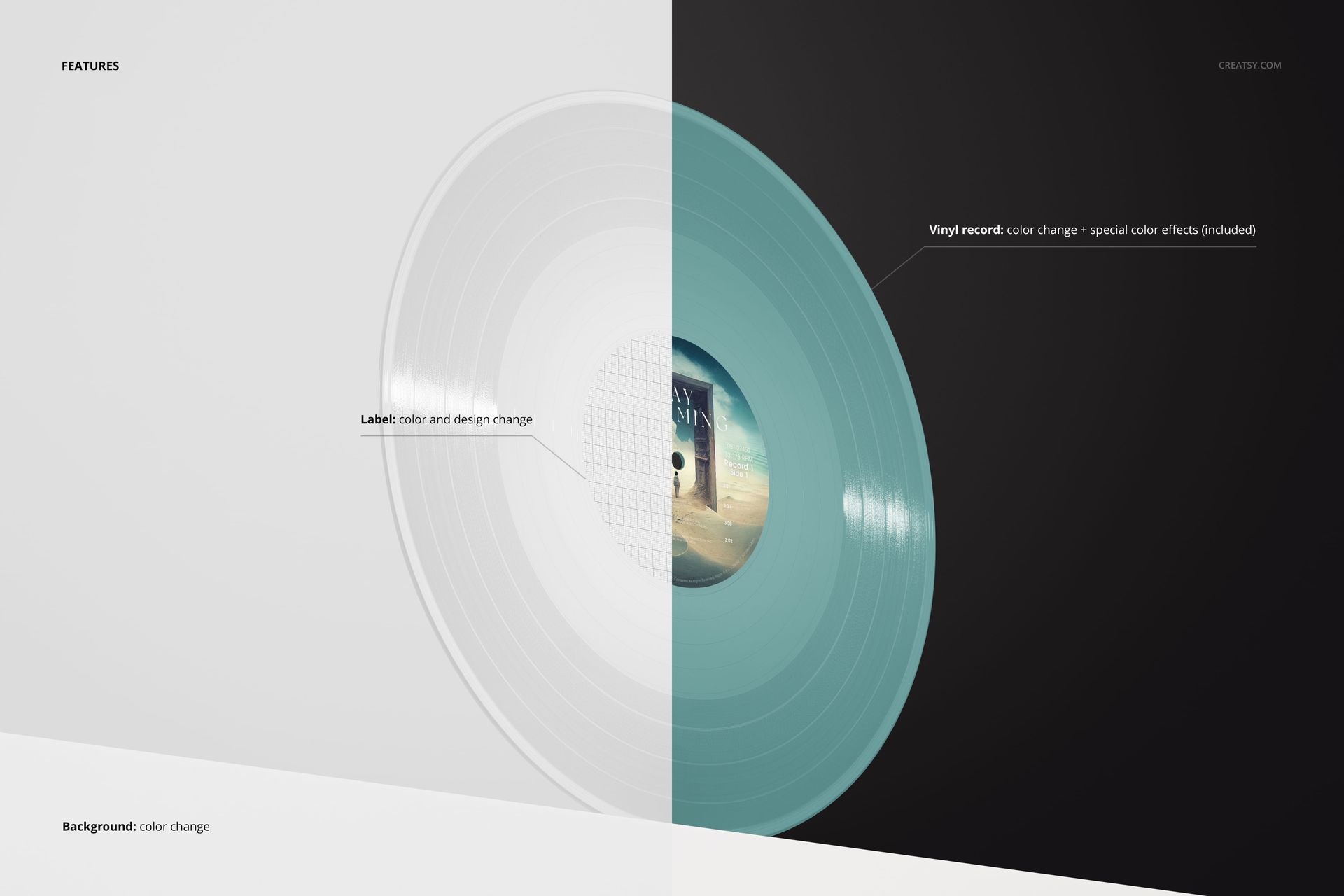 Colored vinyl record mockup on a pedestal, featuring a half-white and half-black background and customizable label.
