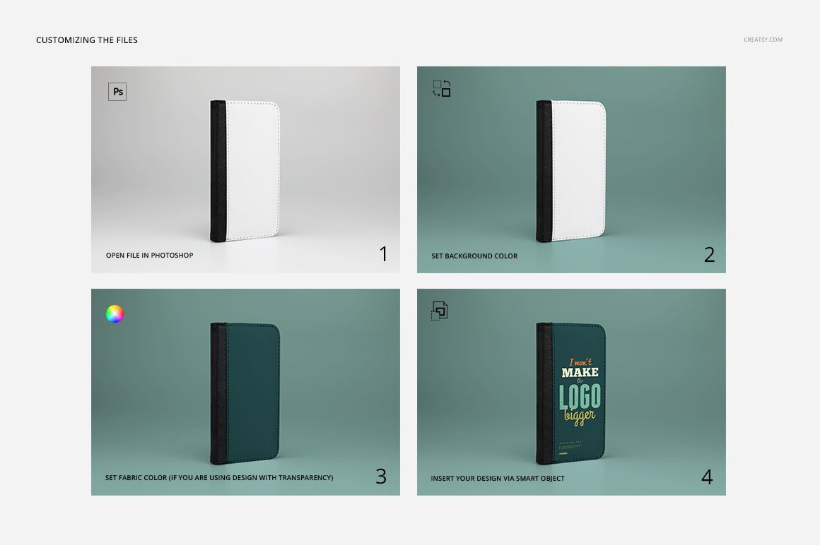Foldable iPhone X case mockup set displayed in four panels, showing white and teal covers with black spine on a plain background.
