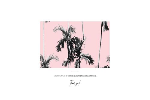 Velvet eyelet curtains mockup featuring black and white palm tree design against a pastel pink backdrop, front perspective.