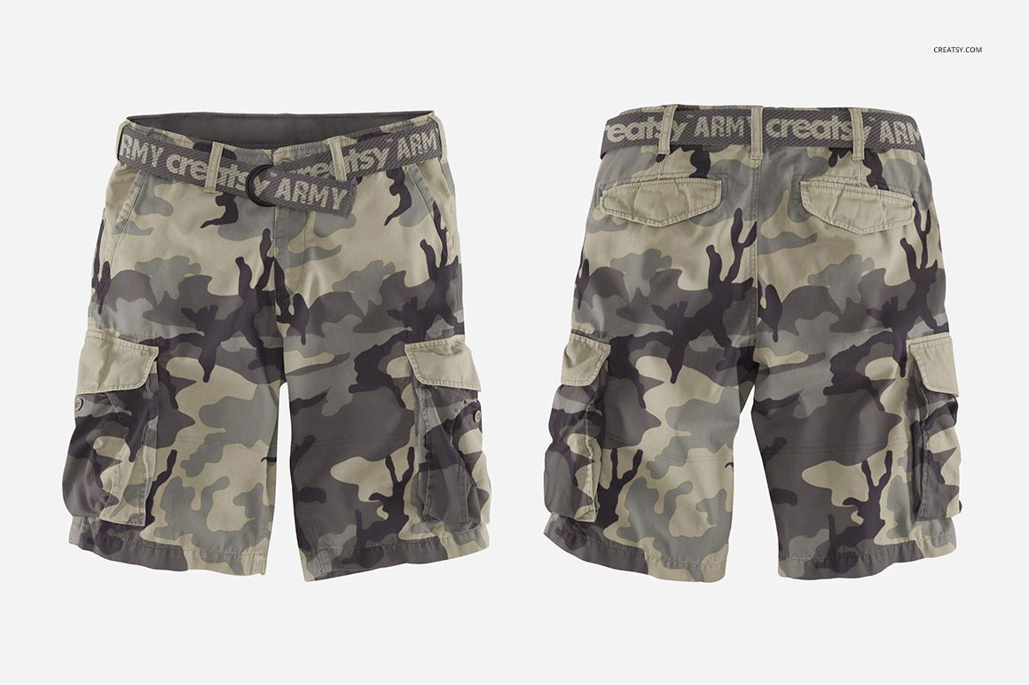 Camouflage cargo shorts mockup shown in two perspectives, featuring multiple pockets and neutral background.