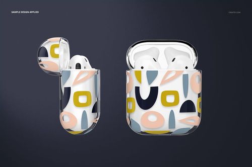 AirPods clear case mockup featuring geometric shapes in yellow, navy, pink, and gray, displayed open and closed.