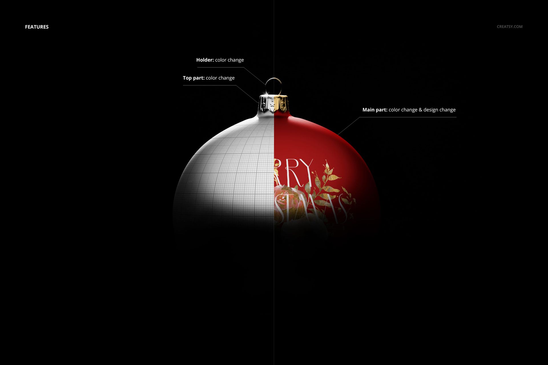 Front view of a satin Christmas ball mockup with a split design showing editable color and pattern options on a dark background.