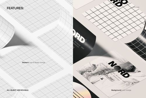 Top view of square sticker set mockup with grid and customizable designs, shown on a light background surface.