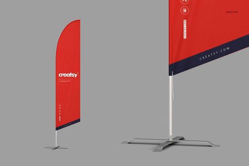 Outdoor flag mockup set showing two vertical flags with red and navy blue fabric on gray stands against a gray background.