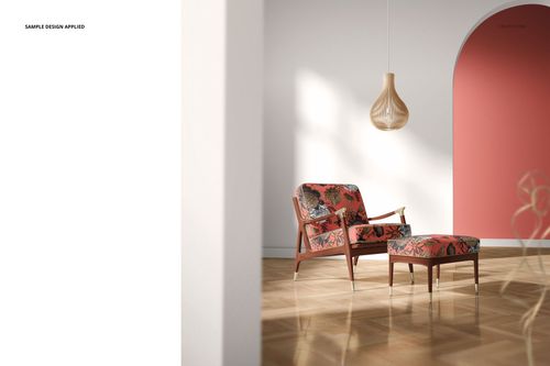 Mockup of a lounge chair and ottoman featuring red and black floral designs, set in a minimalist interior scene.