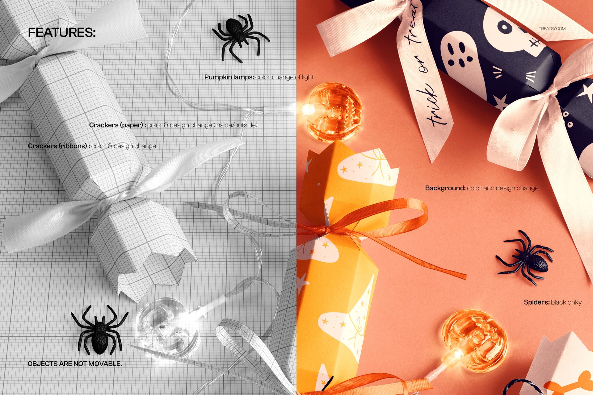 Halloween party cracker packaging mockup featuring crackers with ribbon bows, black spiders, and pumpkin lamps on a split orange and grid background.
