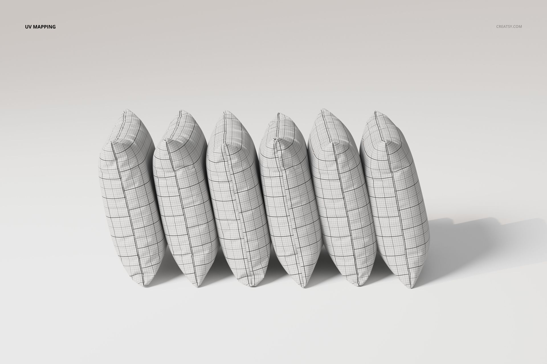 Six velvet cushions with a grid pattern are arranged in a row, viewed from a side angle against a light background.