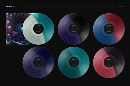PSD mockup set showing six vinyl records in different colorways, including a close-up of a cover with abstract artwork.