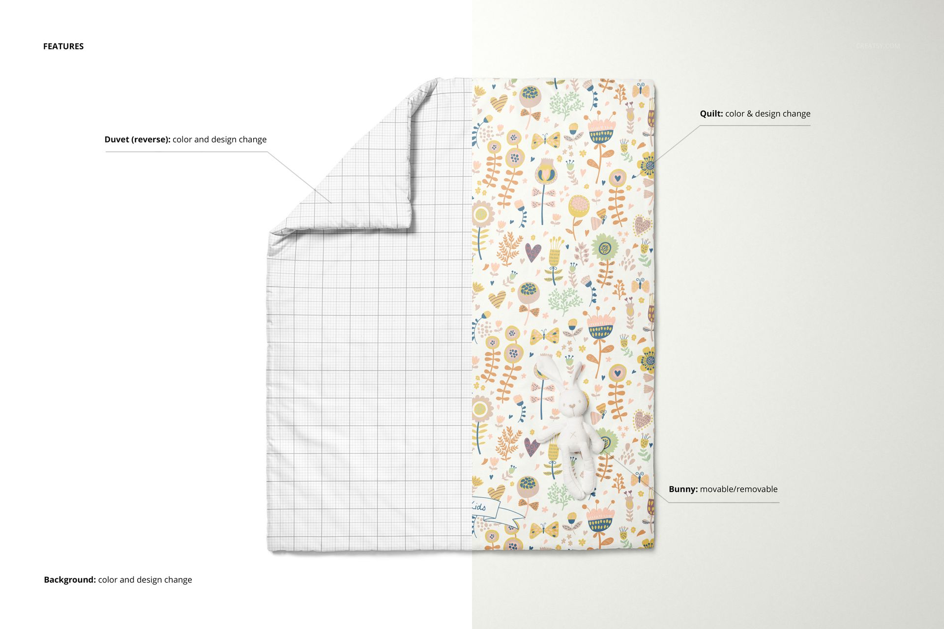 Baby duvet cover mockup with half showing a grid pattern and half displaying a colorful floral design, top view.
