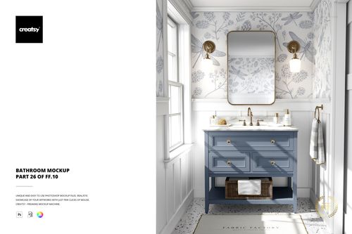 Front view of a bathroom mockup featuring a blue vanity, large mirror, wall lamps, and floral wallpaper design.