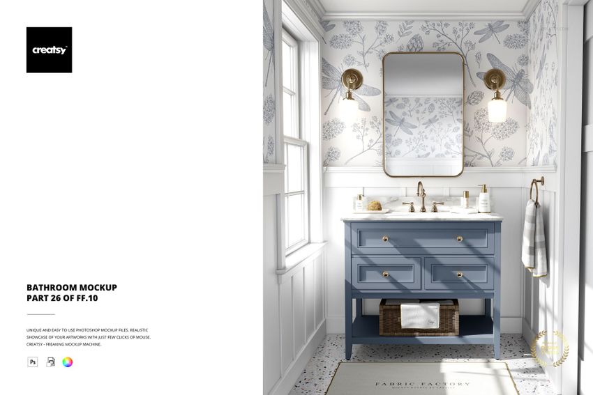 Front view of a bathroom mockup featuring a blue vanity, large mirror, wall lamps, and floral wallpaper design.