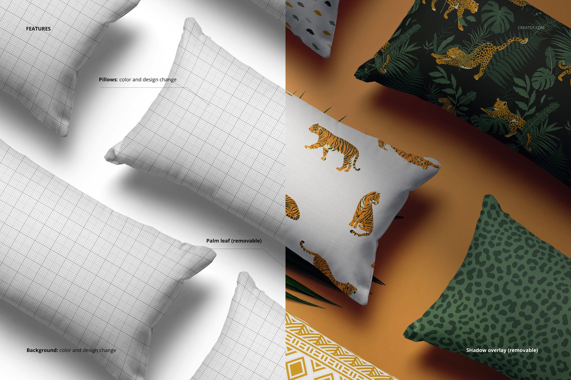 Rectangular pillows mockup featuring different designs, including grid, animal print, and leafy patterns, top perspective.
