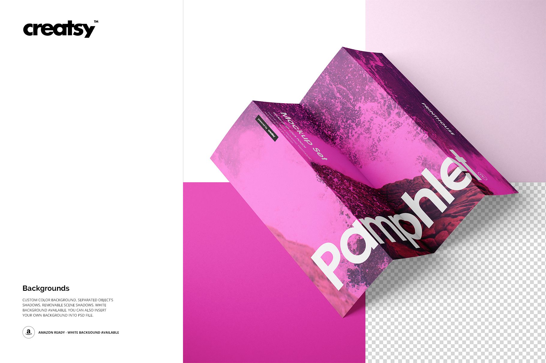 Tri-fold pamphlet mockup with pink and magenta abstract design, displayed at an angle on a white and pink background.
