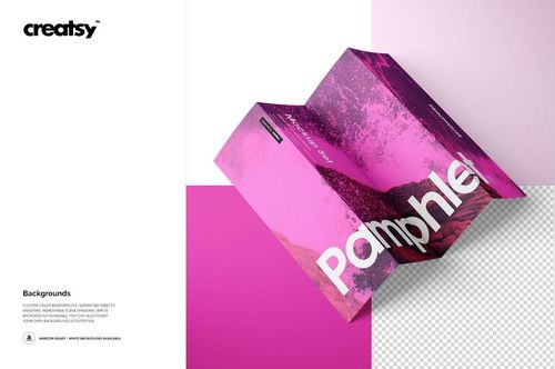 Tri-fold pamphlet mockup with pink and magenta abstract design, displayed at an angle on a white and pink background.