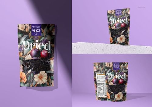 PSD mockup of a dried plums paper pouch featuring botanical patterns, displayed in multiple views on a purple surface.
