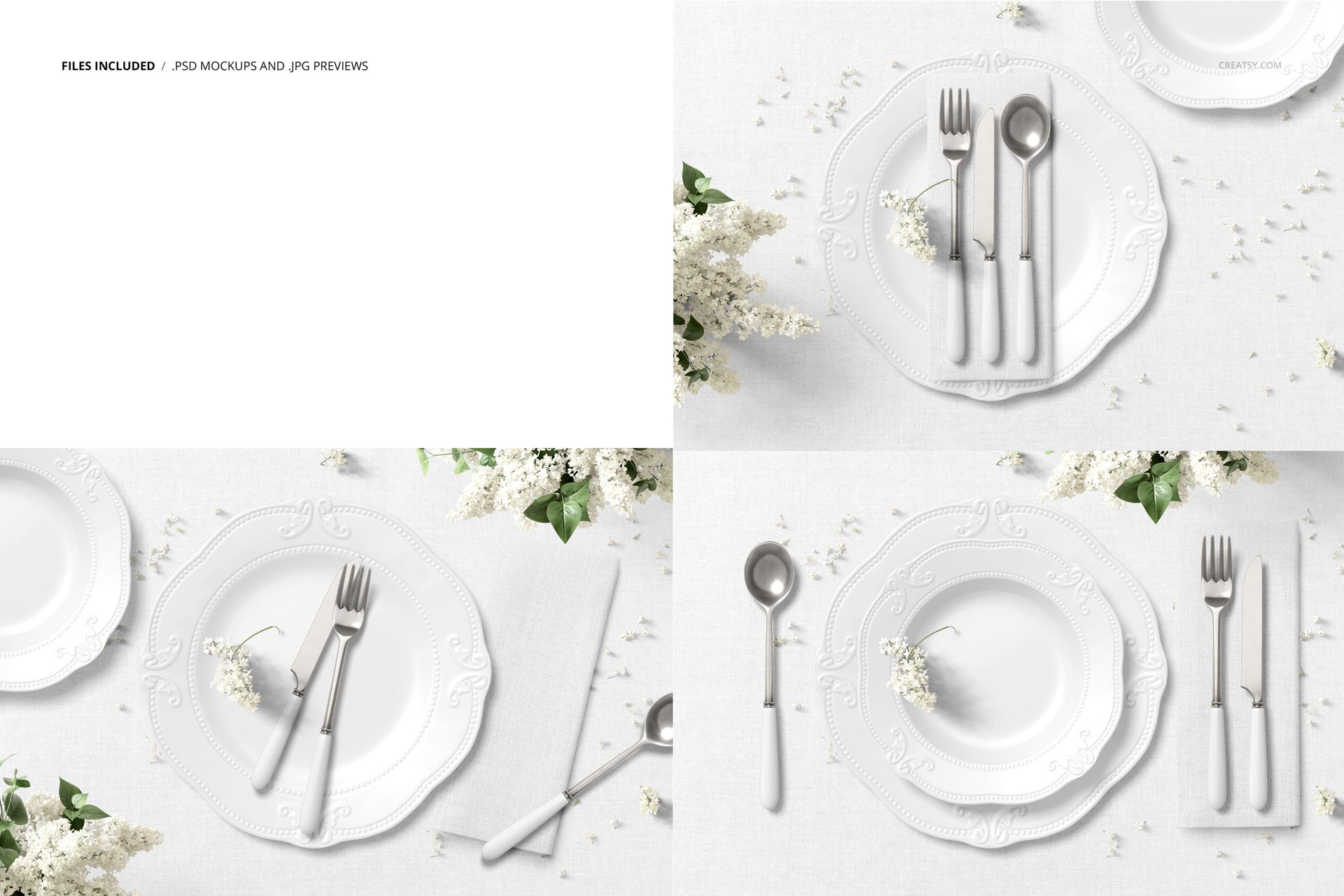 Top view of a classic placemat mockup featuring a white plate, napkin, and silverware on a light tablecloth.