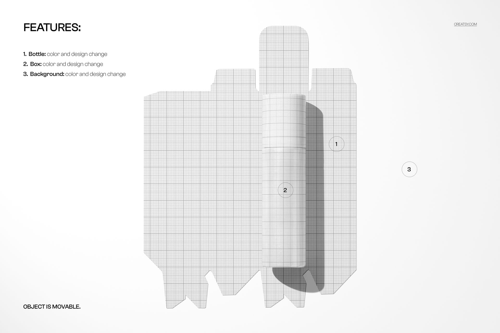 Front view of a cosmetic pump bottle and unfolded box mockup with grid pattern on a white background.