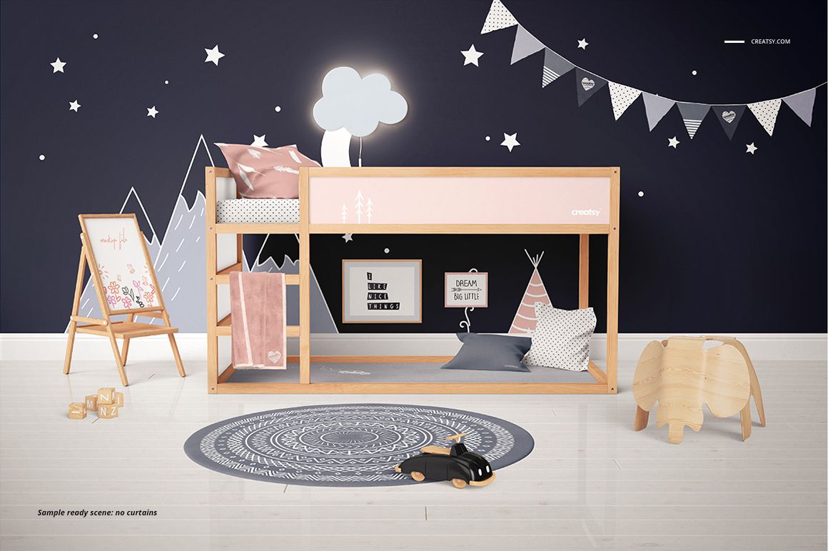 Ikea Kura kids bedroom PSD mockup showing a bunk bed, patterned rug, wall art, and soft toys in a modern playroom setting.