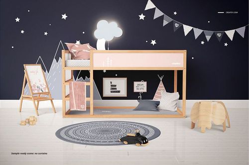 Ikea Kura kids bedroom PSD mockup showing a bunk bed, patterned rug, wall art, and soft toys in a modern playroom setting.
