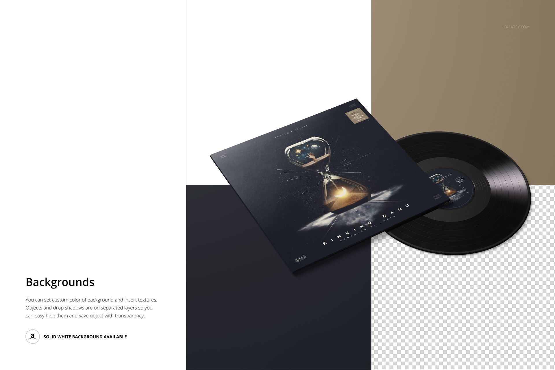 Black vinyl record and album cover mockup shown from an angled perspective, featuring a modern graphic design.