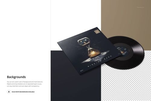Black vinyl record and album cover mockup shown from an angled perspective, featuring a modern graphic design.