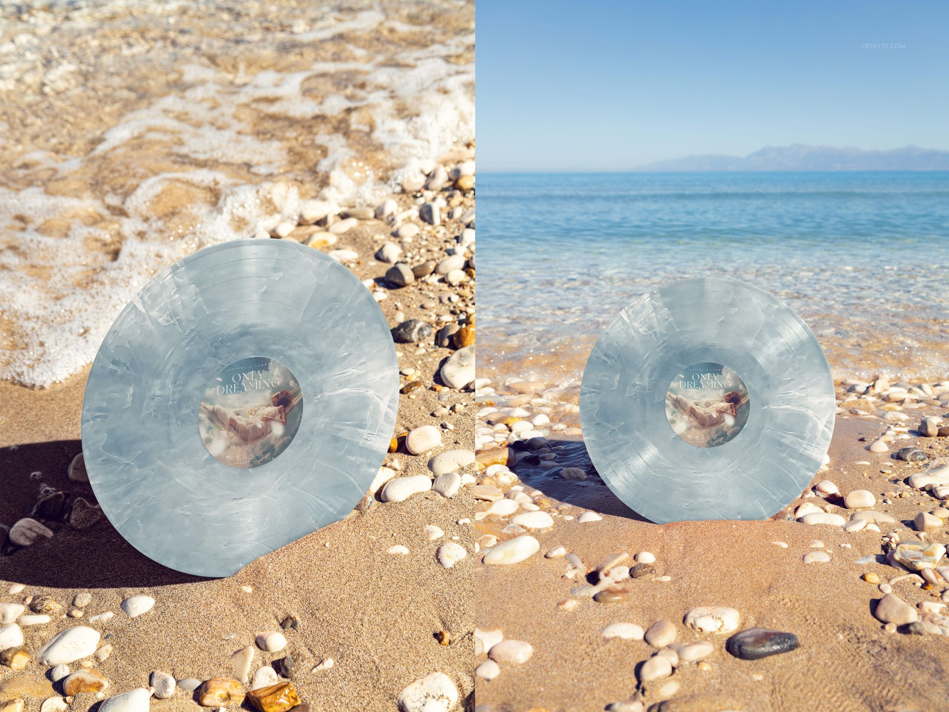Special effects vinyl record mockup with light blue swirl pattern placed on rocky shore with ocean and sky in background.