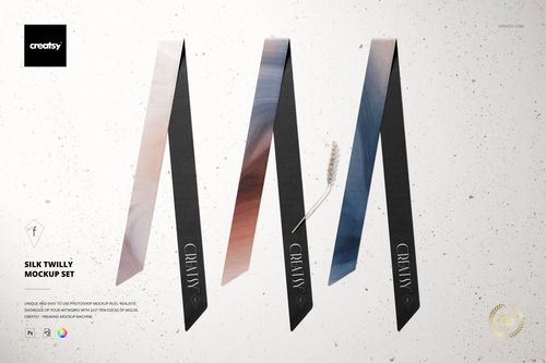 Silk twilly mockup featuring three long, narrow fabric pieces in varied gradients, shown from a top view on a neutral surface.