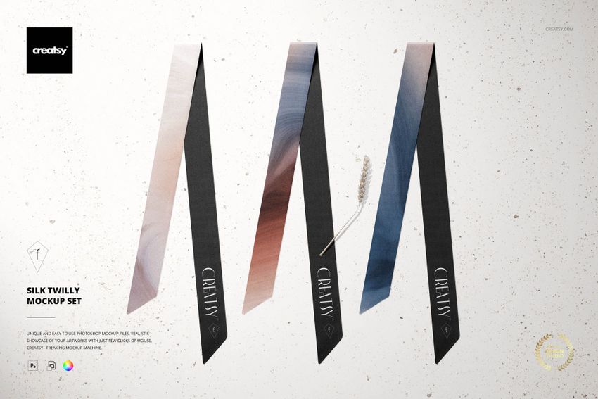 Silk twilly mockup featuring three long, narrow fabric pieces in varied gradients, shown from a top view on a neutral surface.