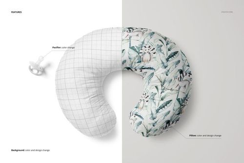 PSD mockup of a nursing pillow displayed on a split background, with a pacifier placed next to the pillow for added detail.