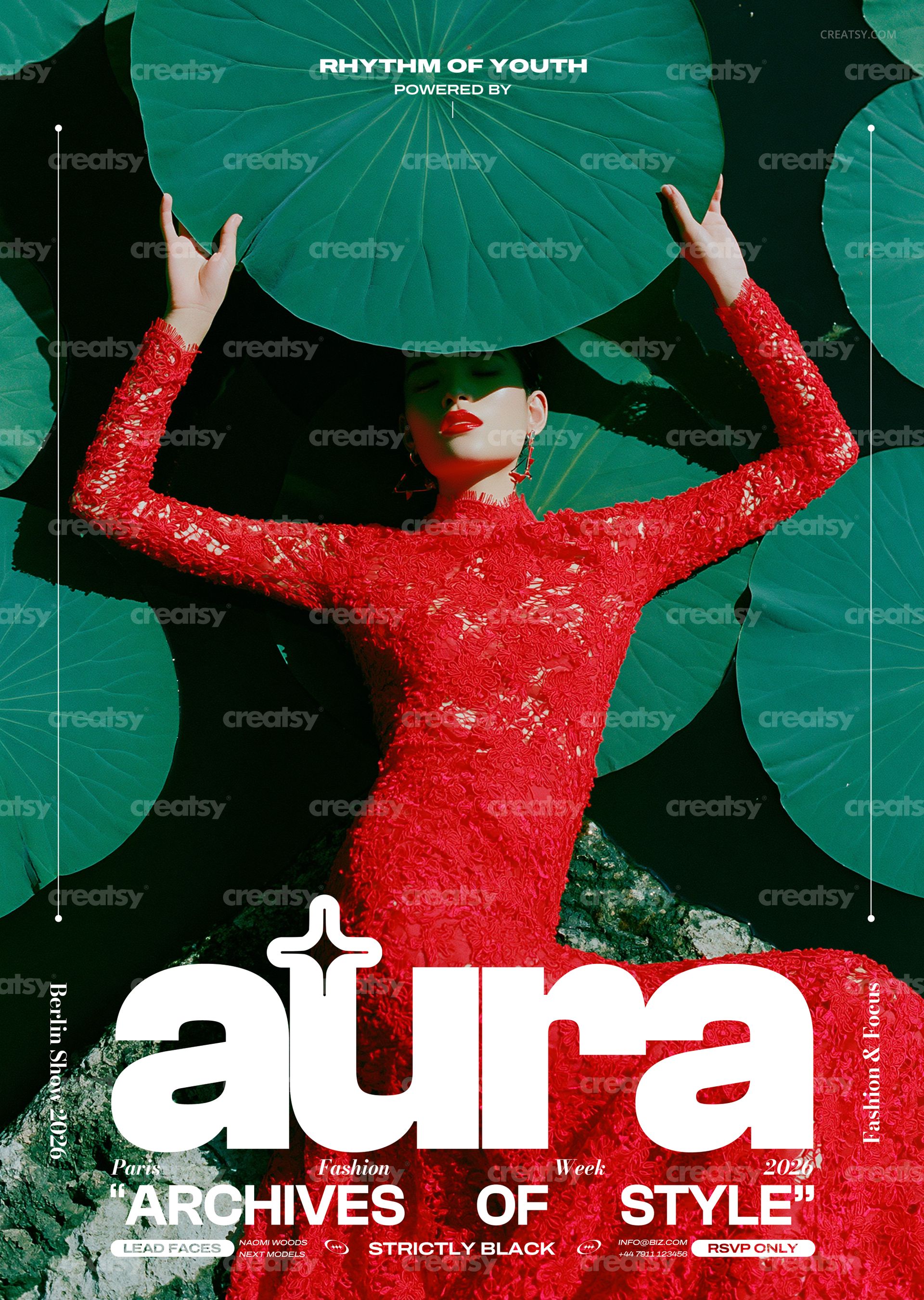 Front view of a poster mockup featuring a person in a bold red dress surrounded by large green leaves.