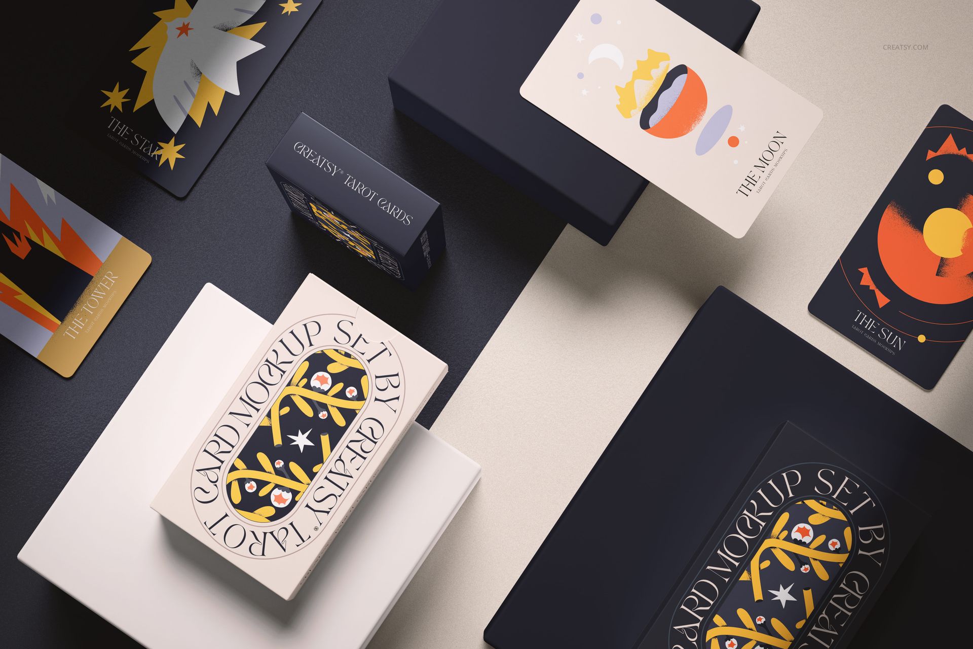 Tarot cards with colorful illustrations displayed on black and white boxes, viewed from a top angle in a mockup scene.