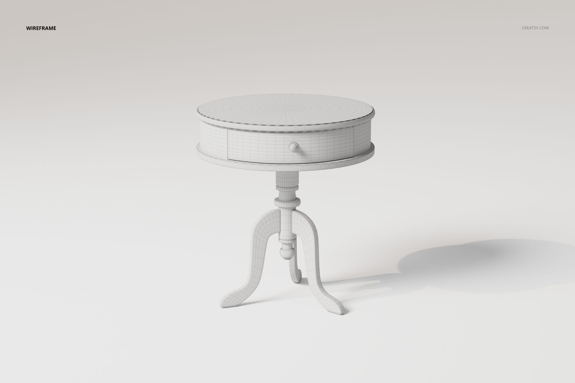 Round vintage style bedside table 3D model in white, shown in a wireframe view on a plain light background.