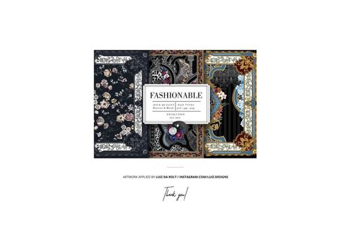 Silk scarf PSD mockup showing detailed fabric textures and elaborate designs in black, gold, and floral motifs.