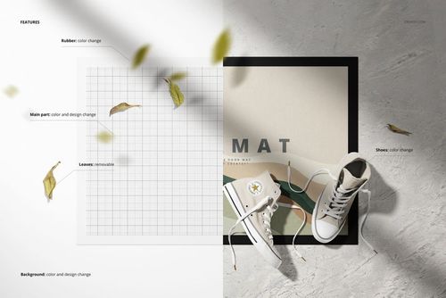 Rectangular door mat mockup shown from a top view, half with grid overlay and half with abstract design, sneakers and leaves placed on top.