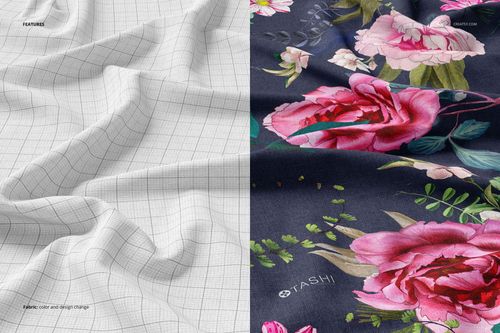 Close-up view of cotton fabric mockup, showing a split design with grid pattern on one side and floral print on the other.