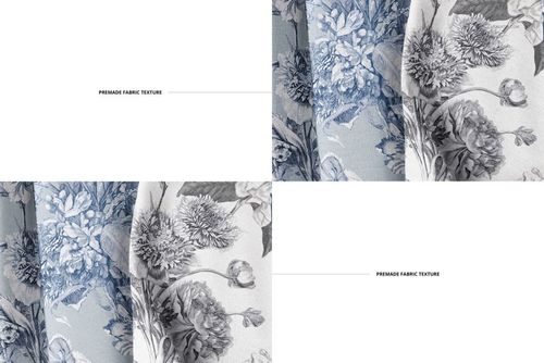 Front view of creased fabric mockup featuring blue and gray floral patterns on textured textile surfaces.