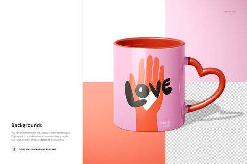 PSD mockup of a heart-handle mug with pink and red colors, bold artwork, and geometric background sections.