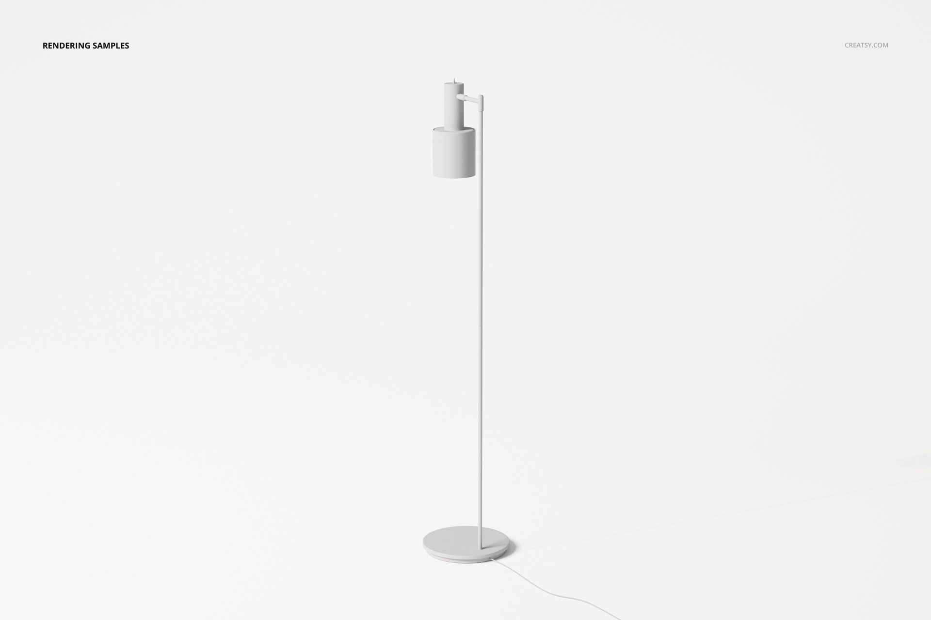 Minimalist geometric floor lamp with cylindrical shade and slim stand, shown in a front view on a white background.
