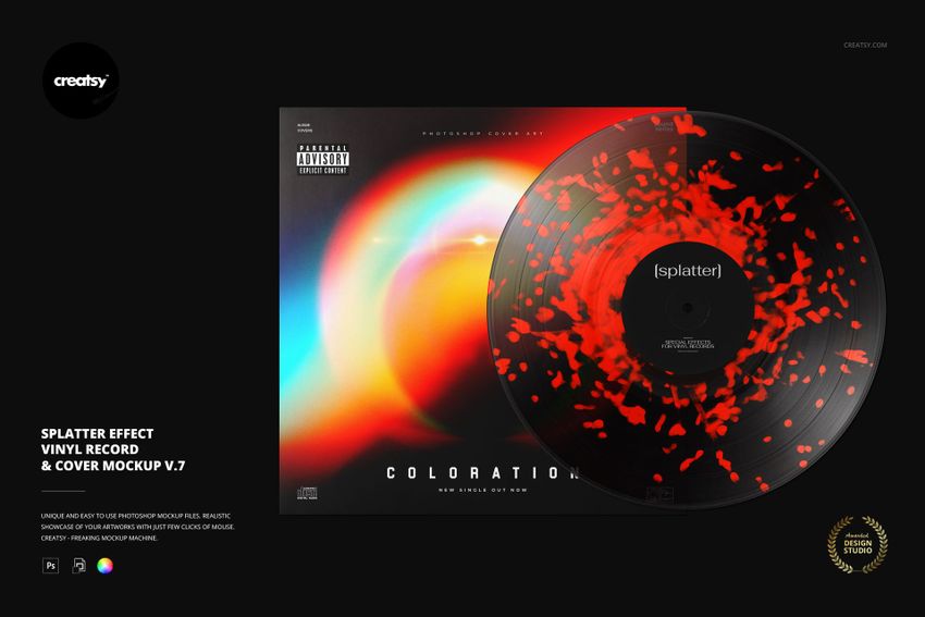 Splatter Effect Vinyl Record & Cover v.7 Mockup - mockup screenshot 1